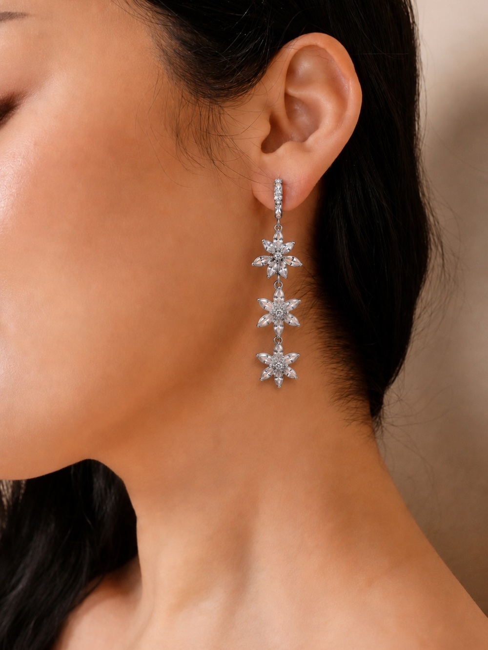 Silver Cubic Zirconia Floral Earrings